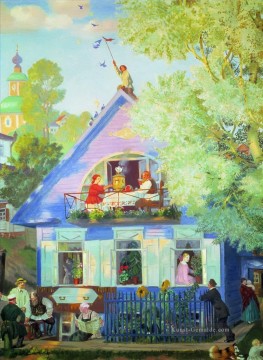  Mikhailovich Malerei - blaues Haus 1920 Boris Mikhailovich Kustodiev Stadtbild Stadtszenen